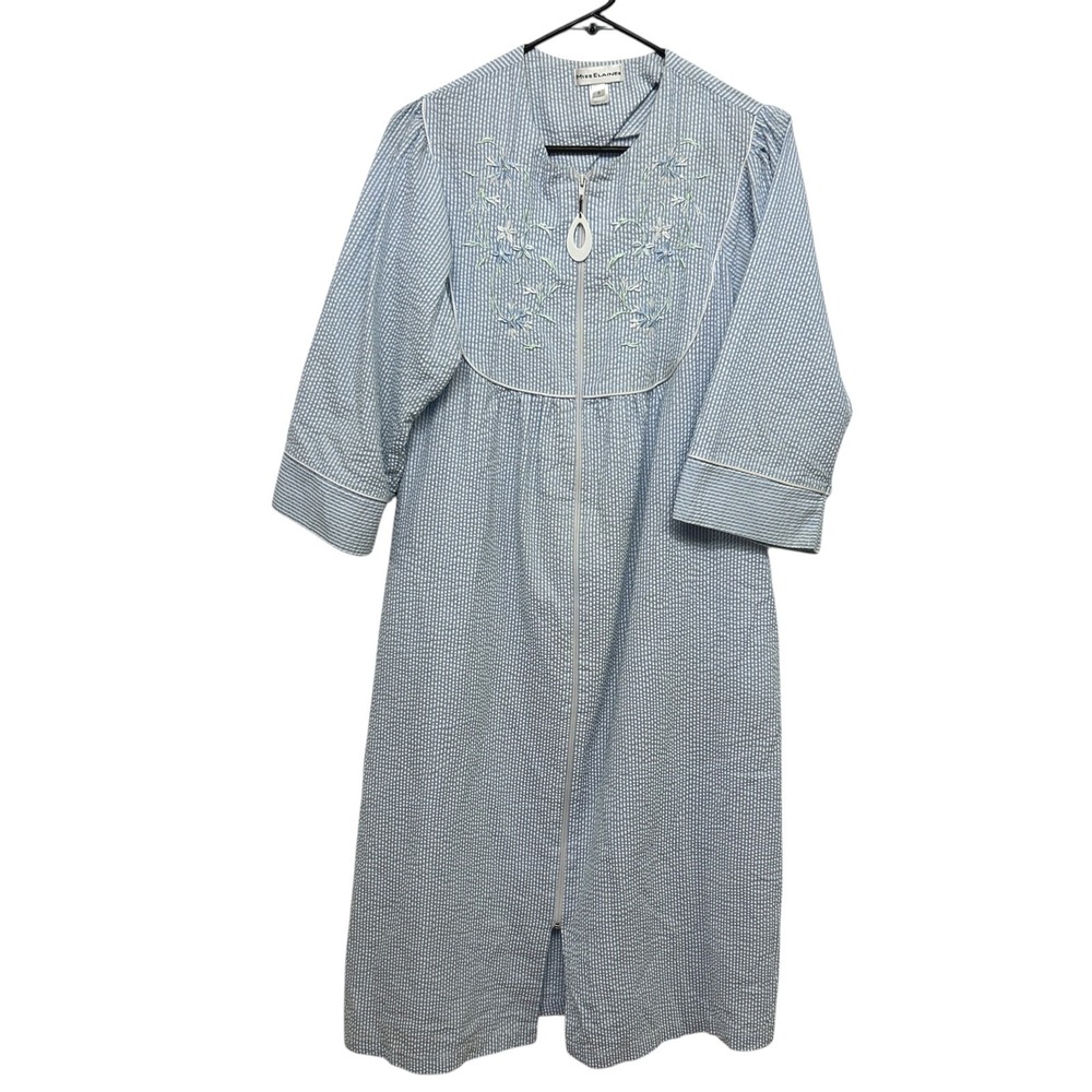 Miss Elaine Blue Seersucker Zip Robe S‎ Embroidered Housecoat Duster Cottagecore